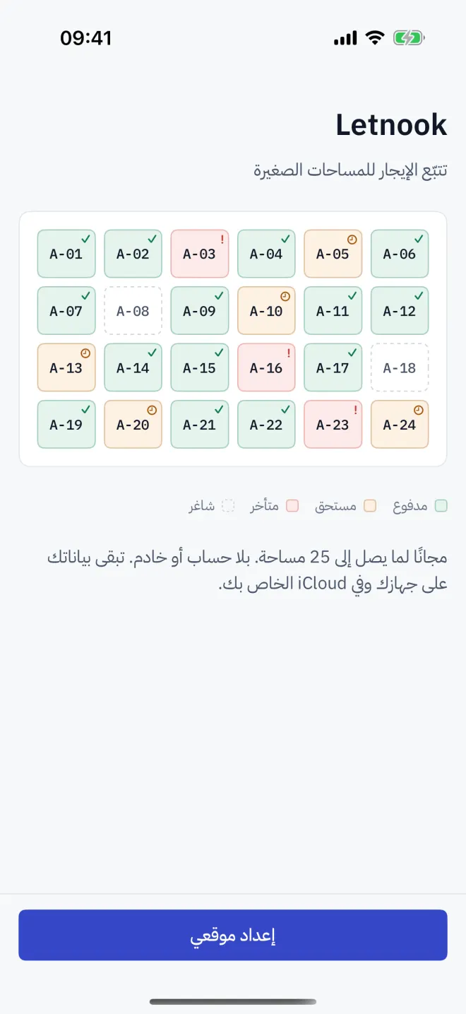 شاشة الترحيب مع المخطط النموذجي وحالاته الأربع.