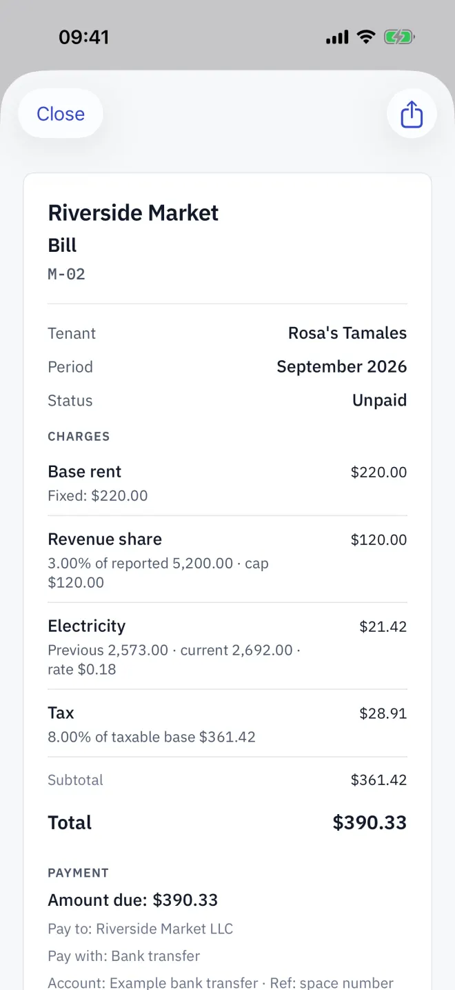 A bill with mixed charge lines, tax and the total due.