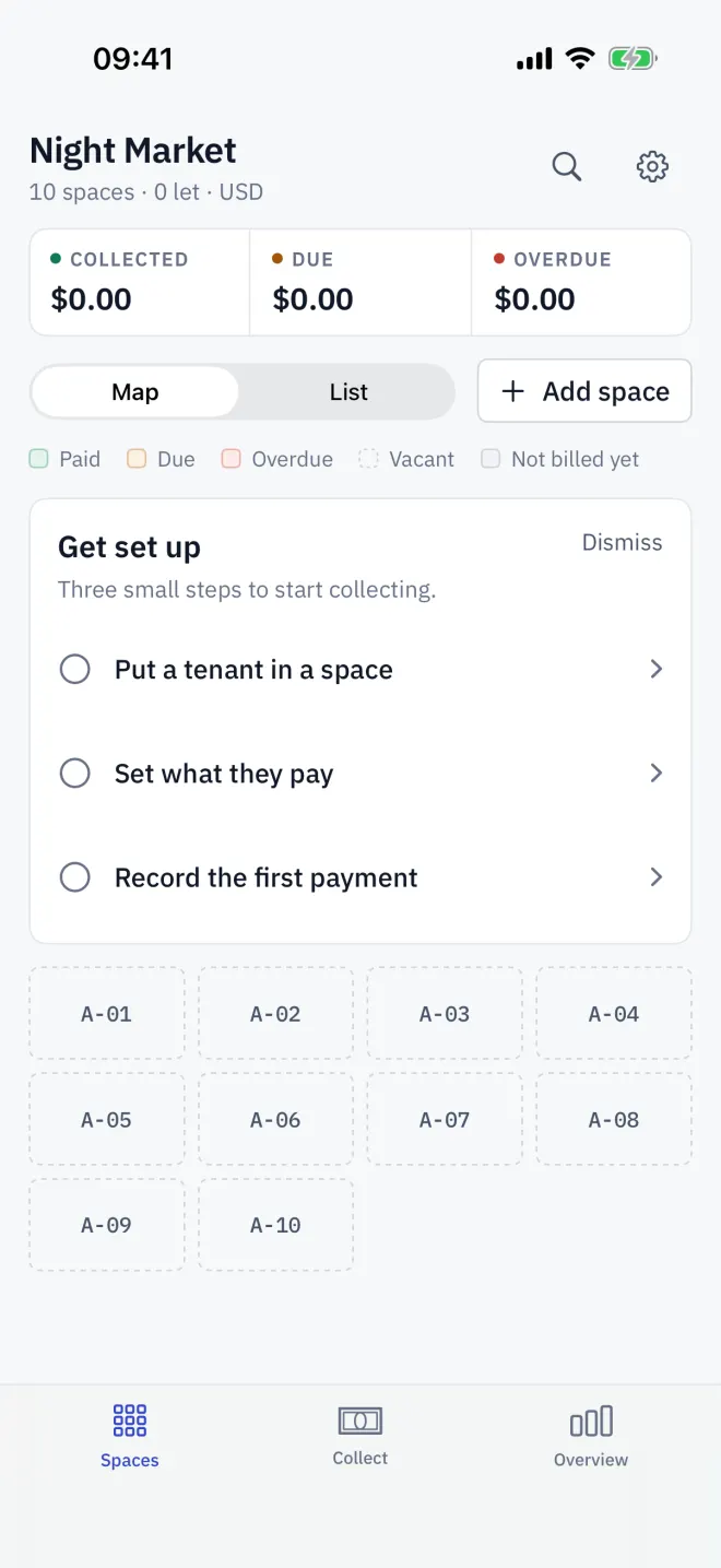 The Get set up card above the plan of a freshly opened site.