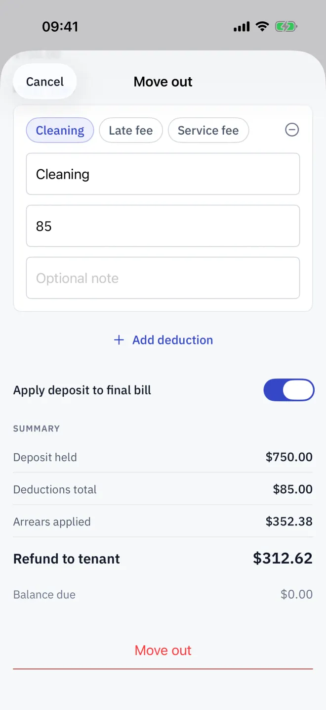 A move-out statement: final bill, deposit, deductions and the refund to the tenant.