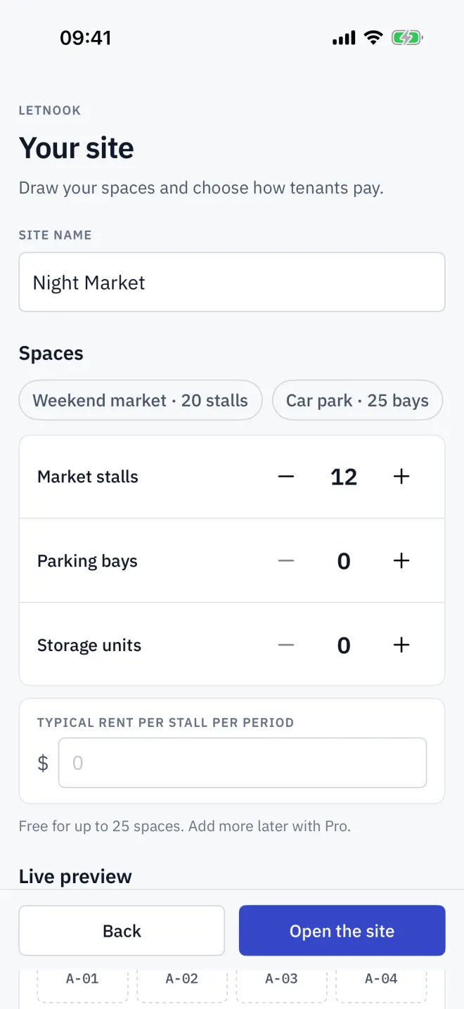 Your site: a name, the counts, and the live preview of the plan.