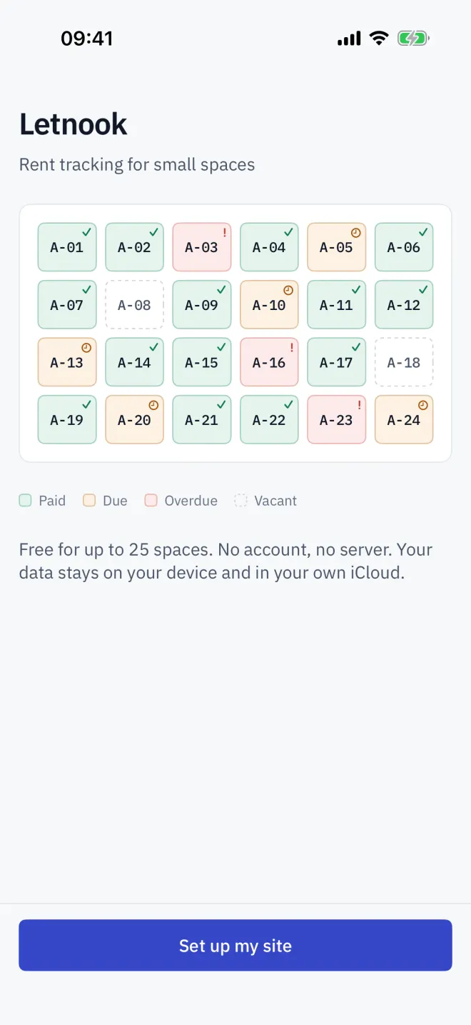 The welcome screen, with the example plan and its four statuses.