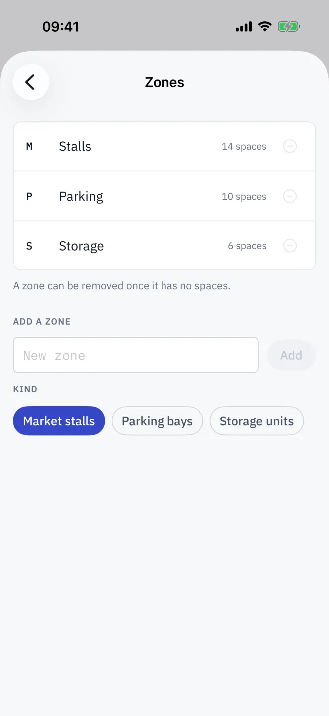 Settings → Zones: each zone with its kind and count, and the field to add another.