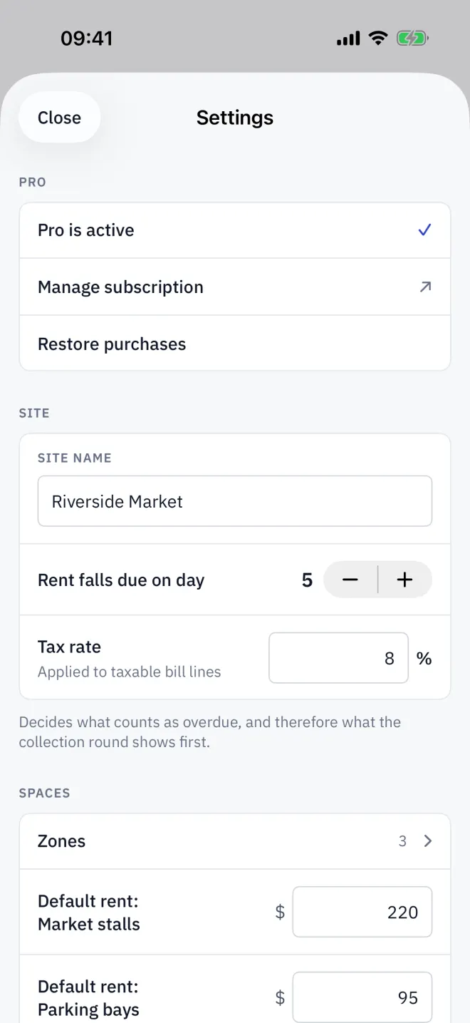 The top of Settings: Pro, then the site's name, due day and tax rate.
