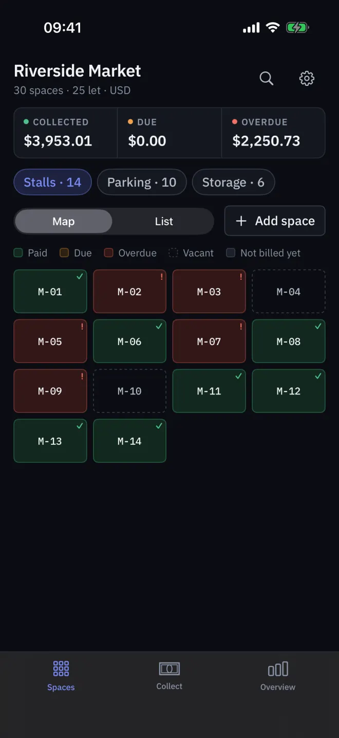 The Spaces plan in dark appearance.