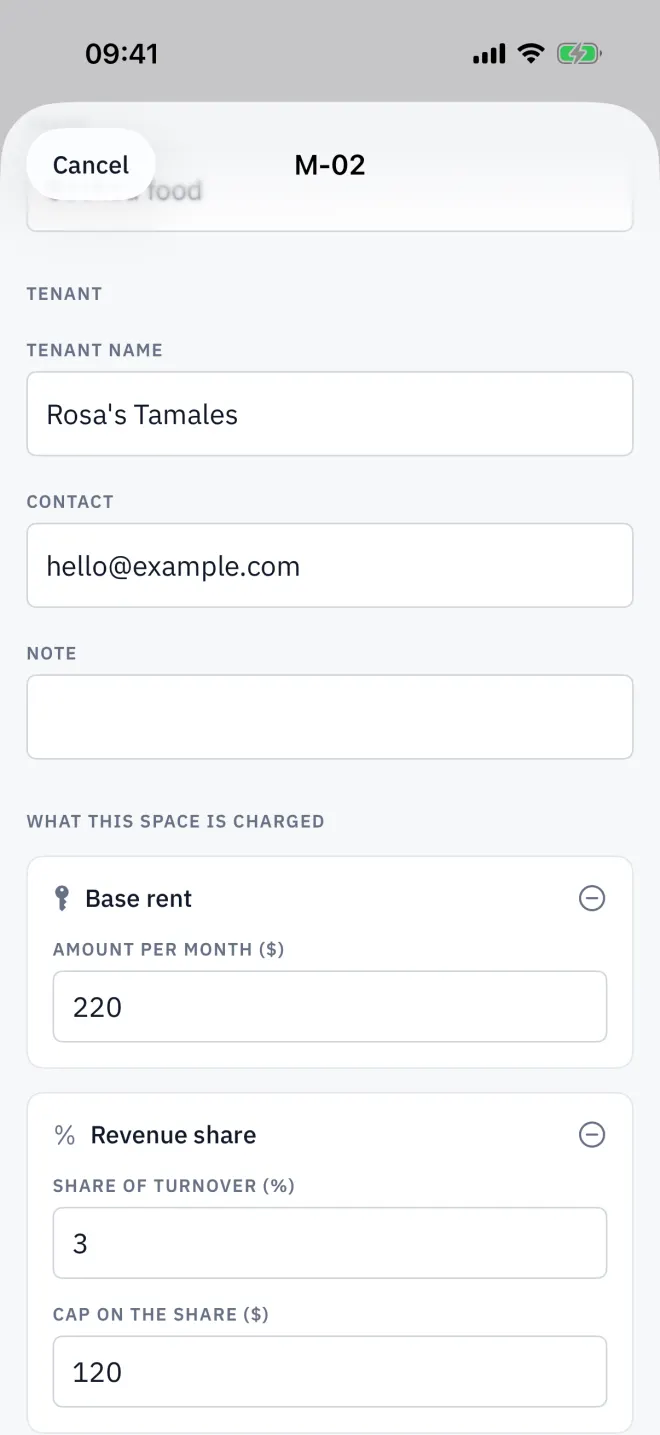The space editor with the tenant and lease filled in.