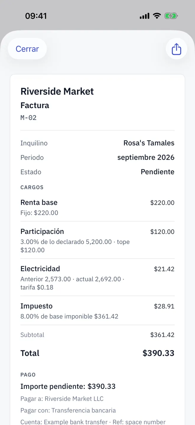Una factura con distintas líneas de cargo, el impuesto y el total a pagar.