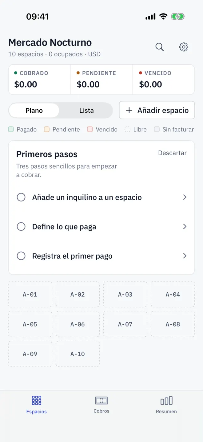 La tarjeta Primeros pasos sobre el plano de un recinto recién abierto.