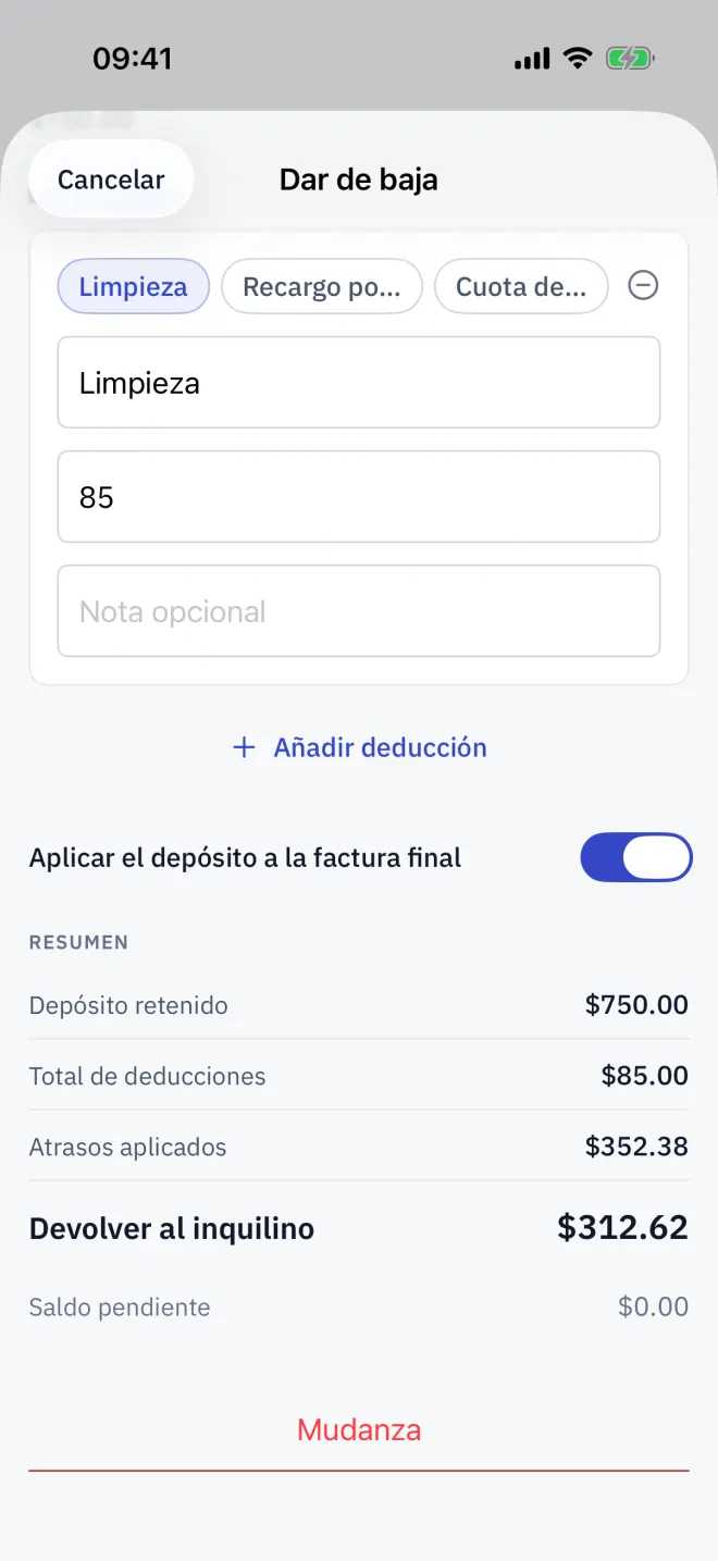 Una liquidación de baja: factura final, depósito, deducciones y la devolución al inquilino.