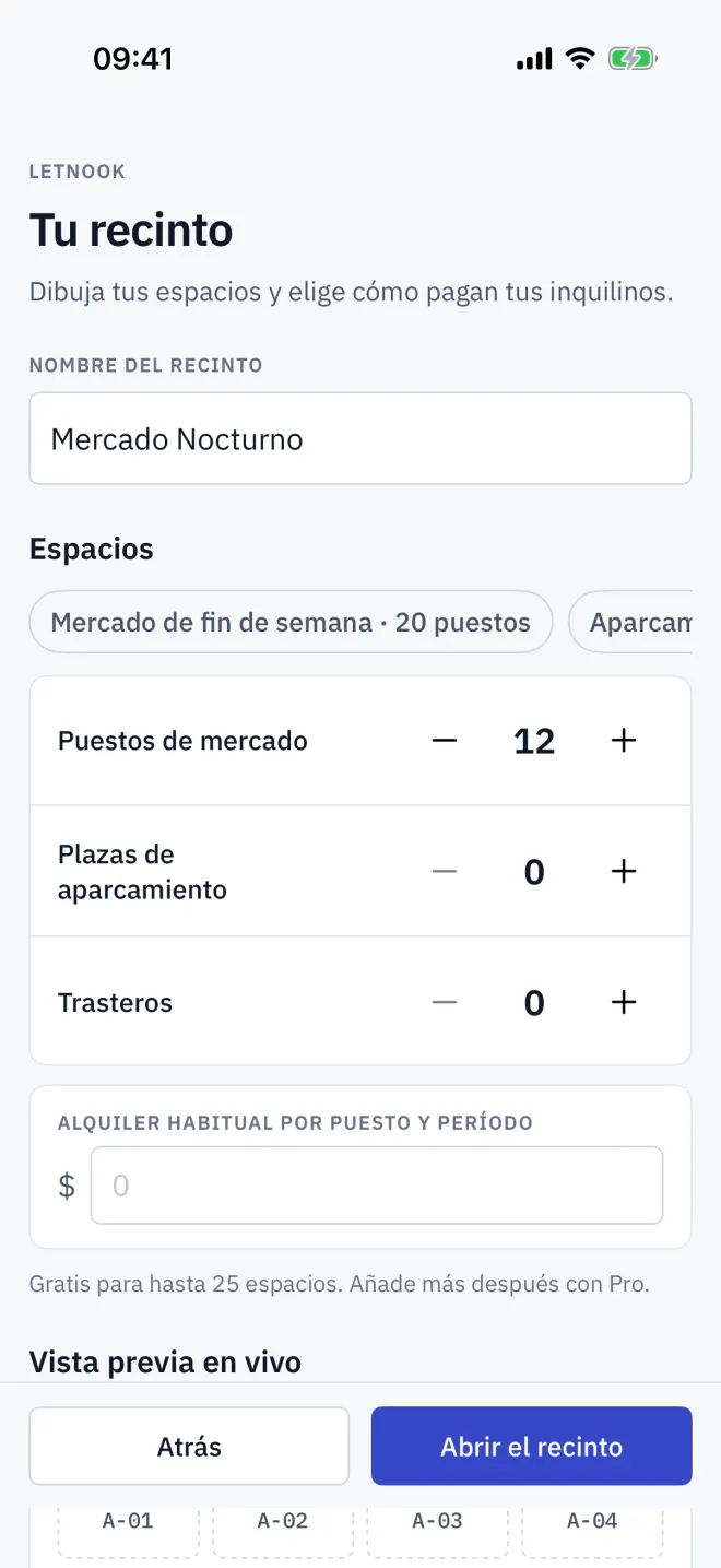 Tu recinto: un nombre, las cantidades y la vista previa en vivo del plano.
