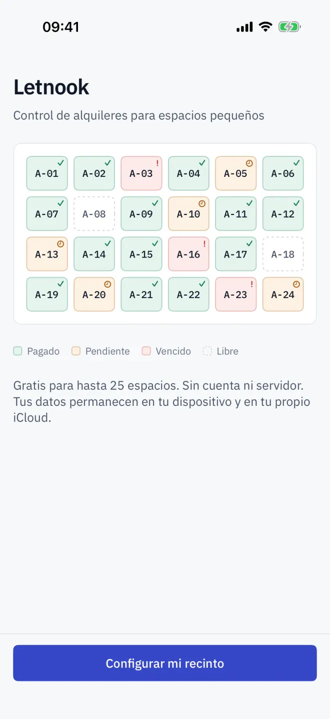 La pantalla de bienvenida, con el plano de ejemplo y sus cuatro estados.