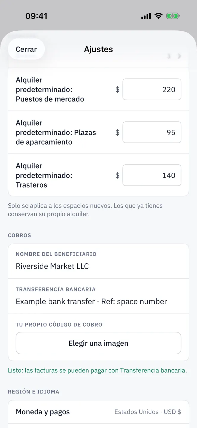 Cobros, con el beneficiario, los IDs de pago y la línea de estado.