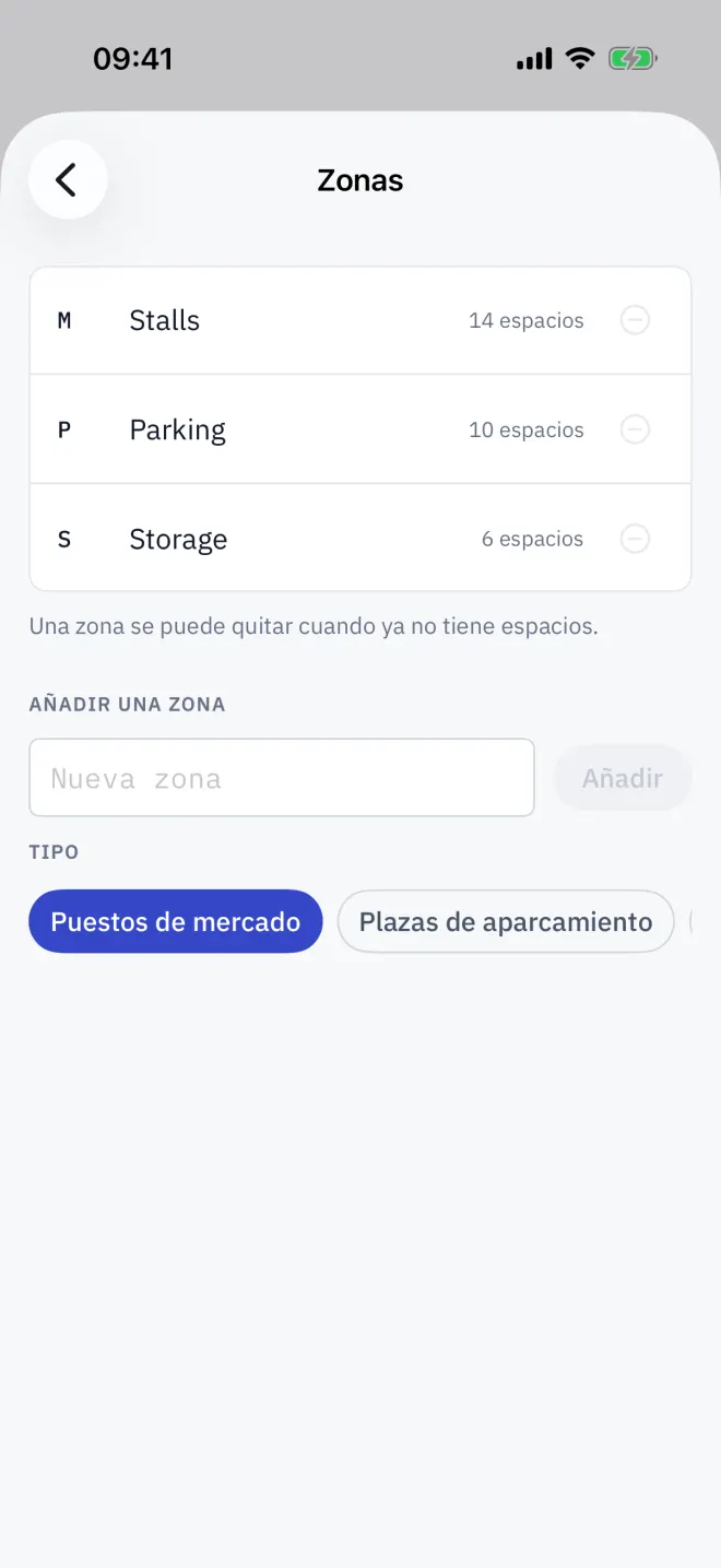 Ajustes → Zonas: cada zona con su tipo y su cantidad, y el campo para añadir otra.