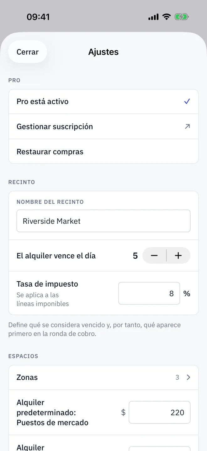 La parte superior de Ajustes: Pro y luego el nombre del recinto, el día de vencimiento y la tasa de impuesto.