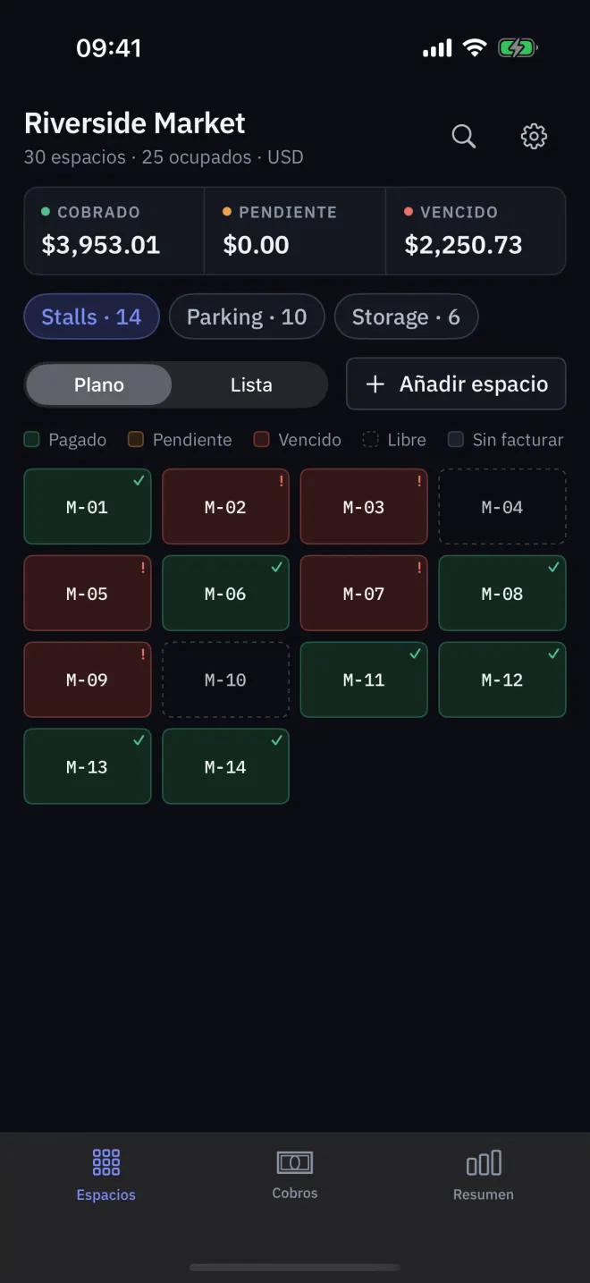 El plano de Espacios con apariencia oscura.