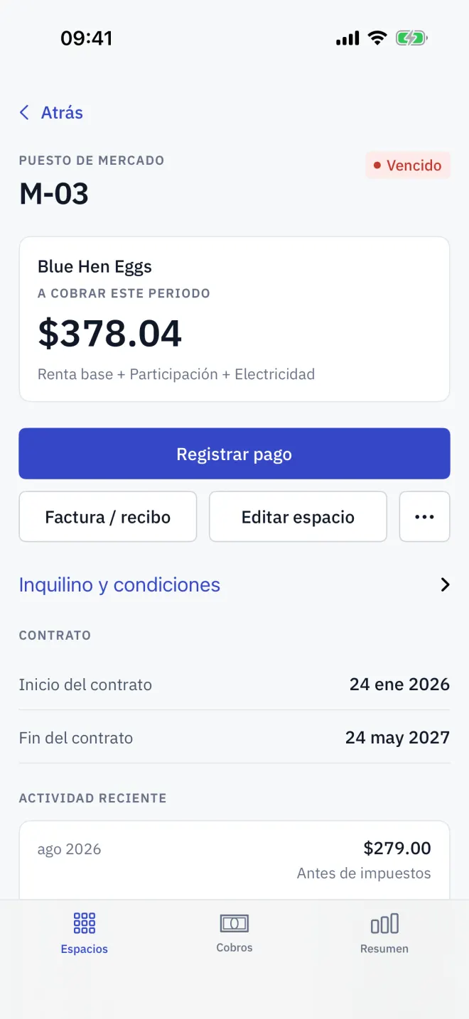 La pantalla del espacio, donde Actividad reciente muestra los últimos periodos cerrados.