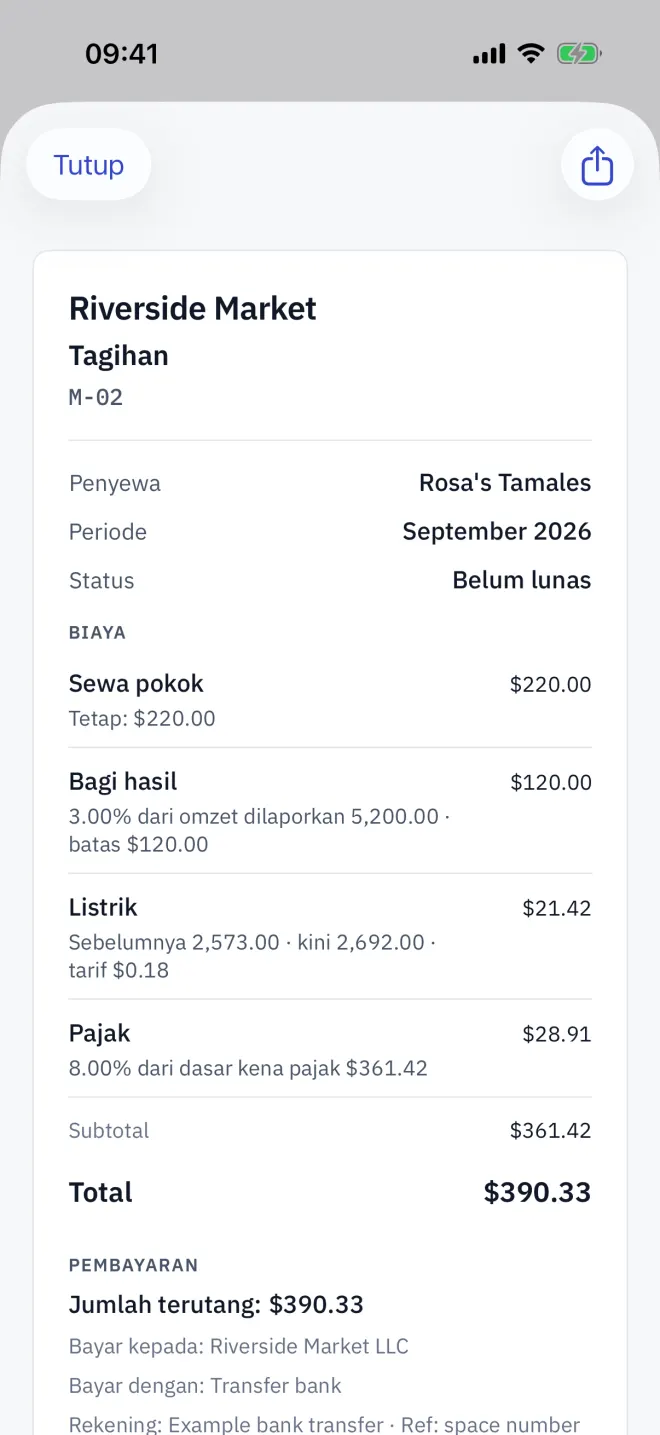 Tagihan dengan berbagai baris komponen, pajak, dan total yang harus dibayar.