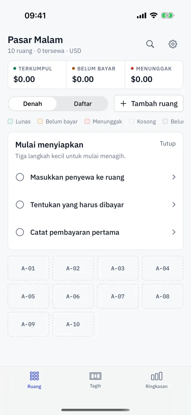 Kartu Mulai menyiapkan di atas denah lokasi yang baru dibuka.