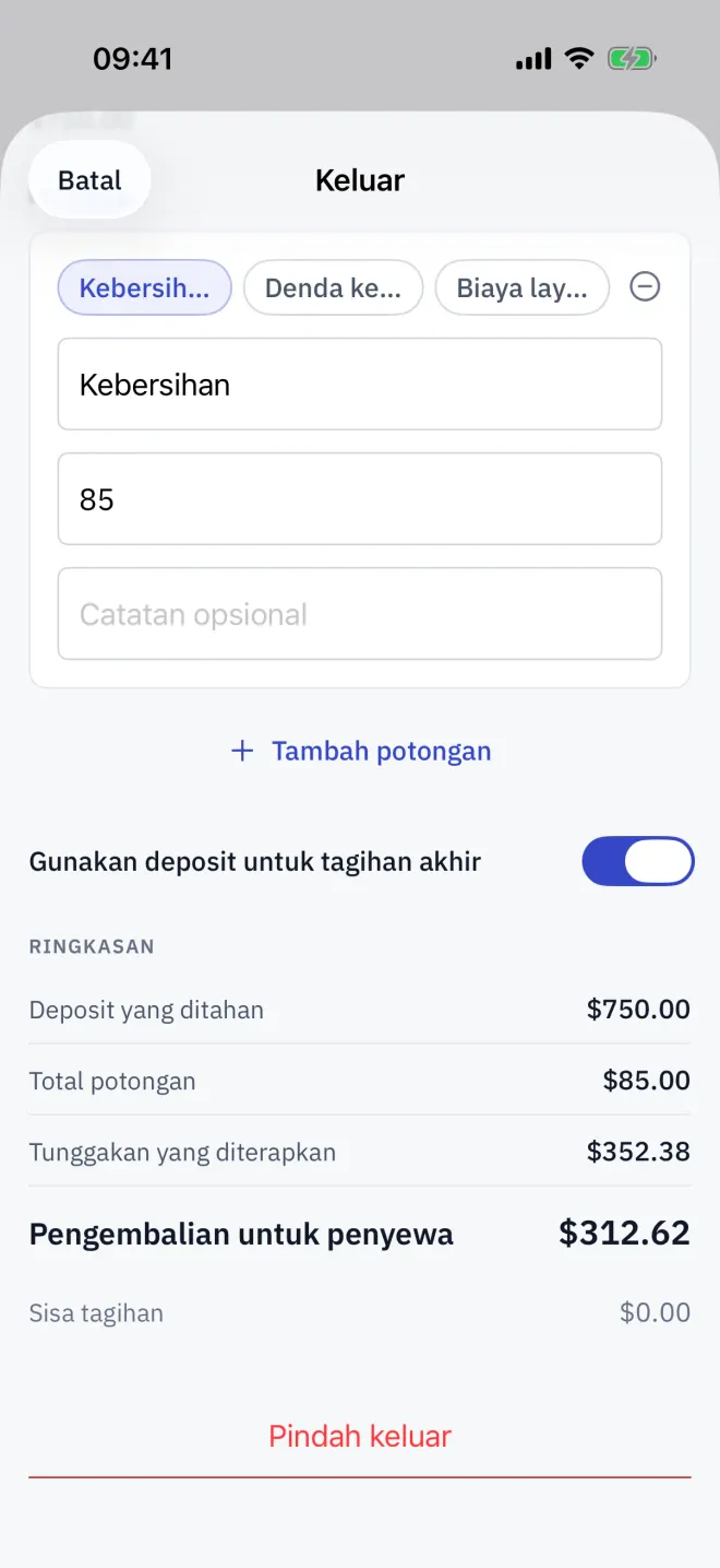 Laporan pindah keluar: tagihan akhir, deposit, potongan, dan pengembalian untuk penyewa.