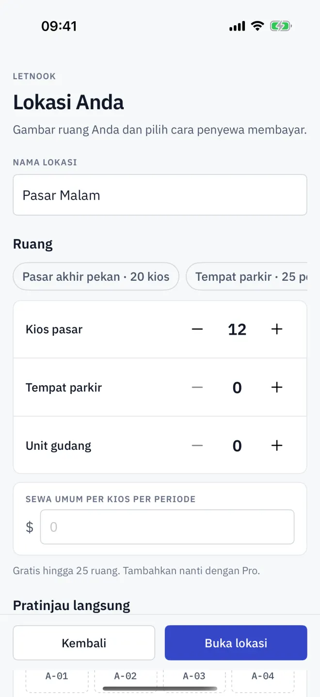 Lokasi Anda: nama, jumlah ruang, dan pratinjau langsung denahnya.