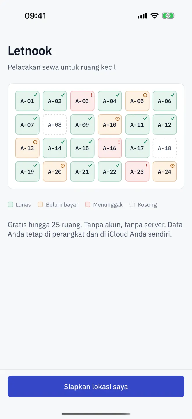 Layar sambutan, dengan contoh denah dan empat statusnya.