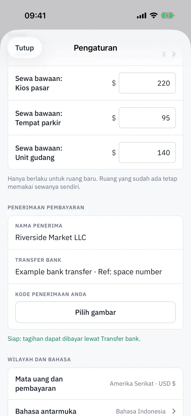 Penerimaan pembayaran, dengan nama penerima, ID pembayaran, dan baris kesiapannya.