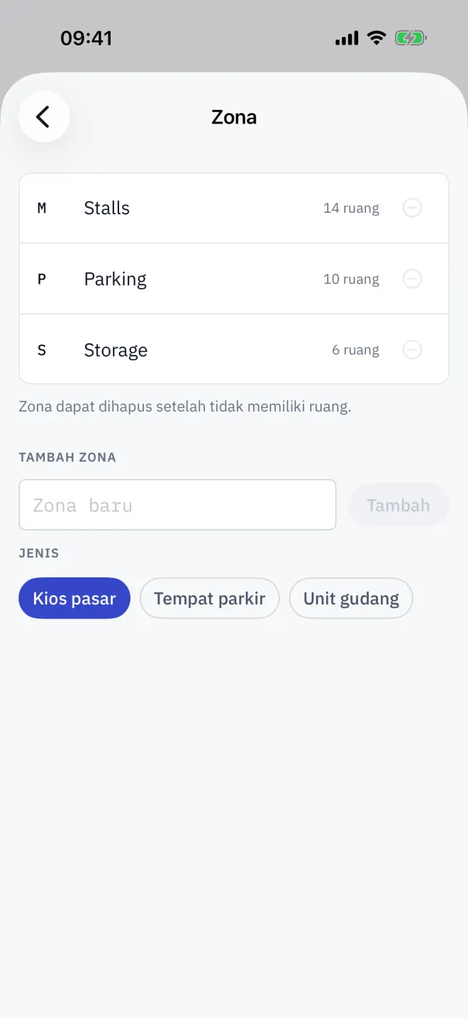 Pengaturan → Zona: setiap zona dengan jenis dan jumlah ruangnya, serta kolom untuk menambah zona lain.