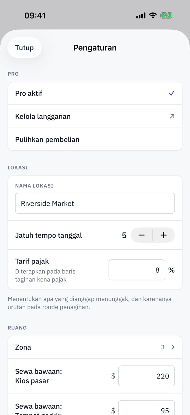 Bagian atas Pengaturan: Pro, lalu nama lokasi, tanggal jatuh tempo, dan tarif pajak.