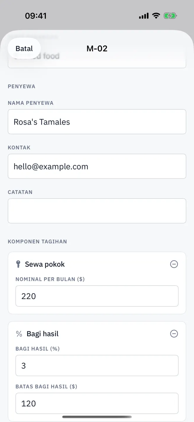 Editor ruang dengan data penyewa dan kontrak sewa terisi.