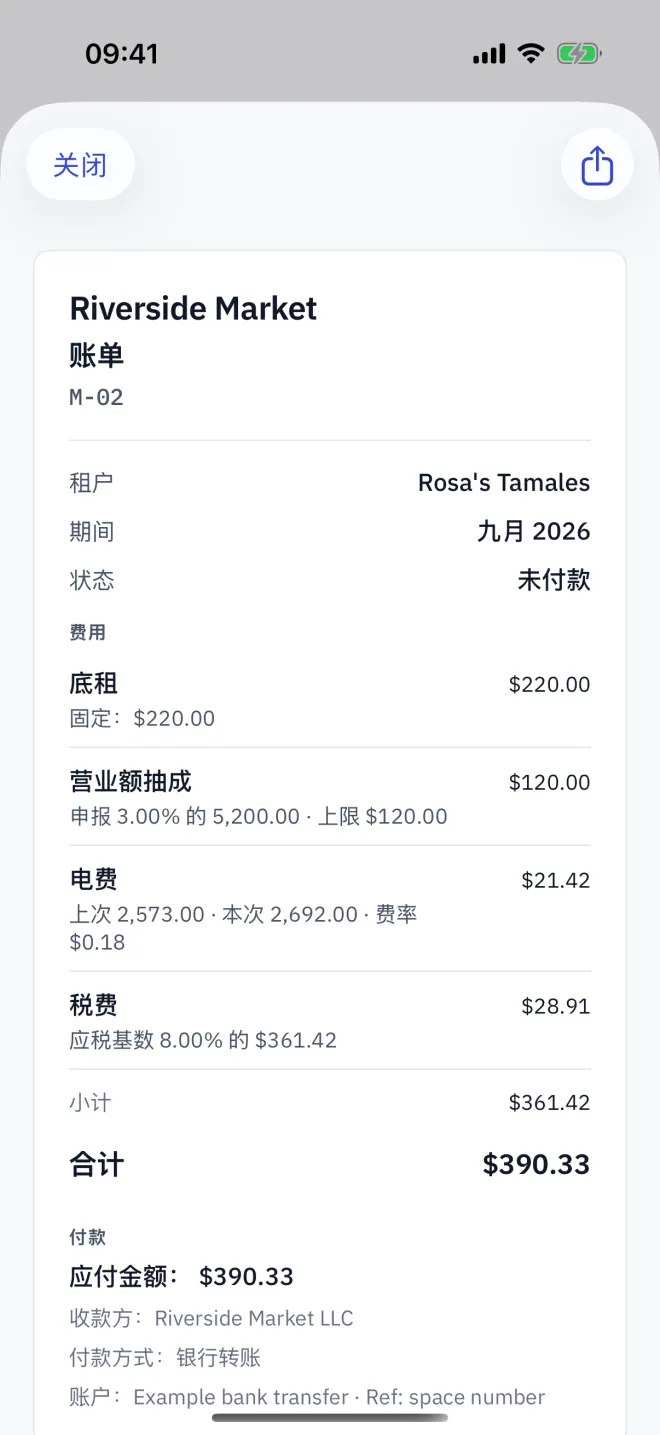 一张包含多种计费项、税费和应付合计的账单。