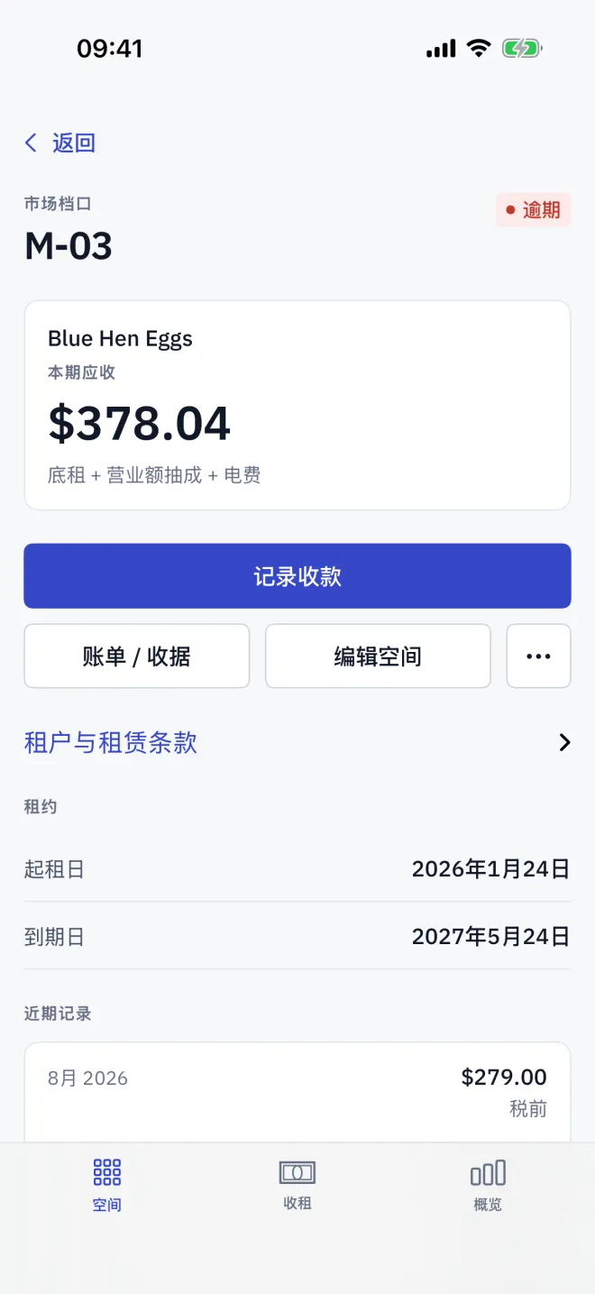 空间页面，“近期记录”列出最近已结束的账期。